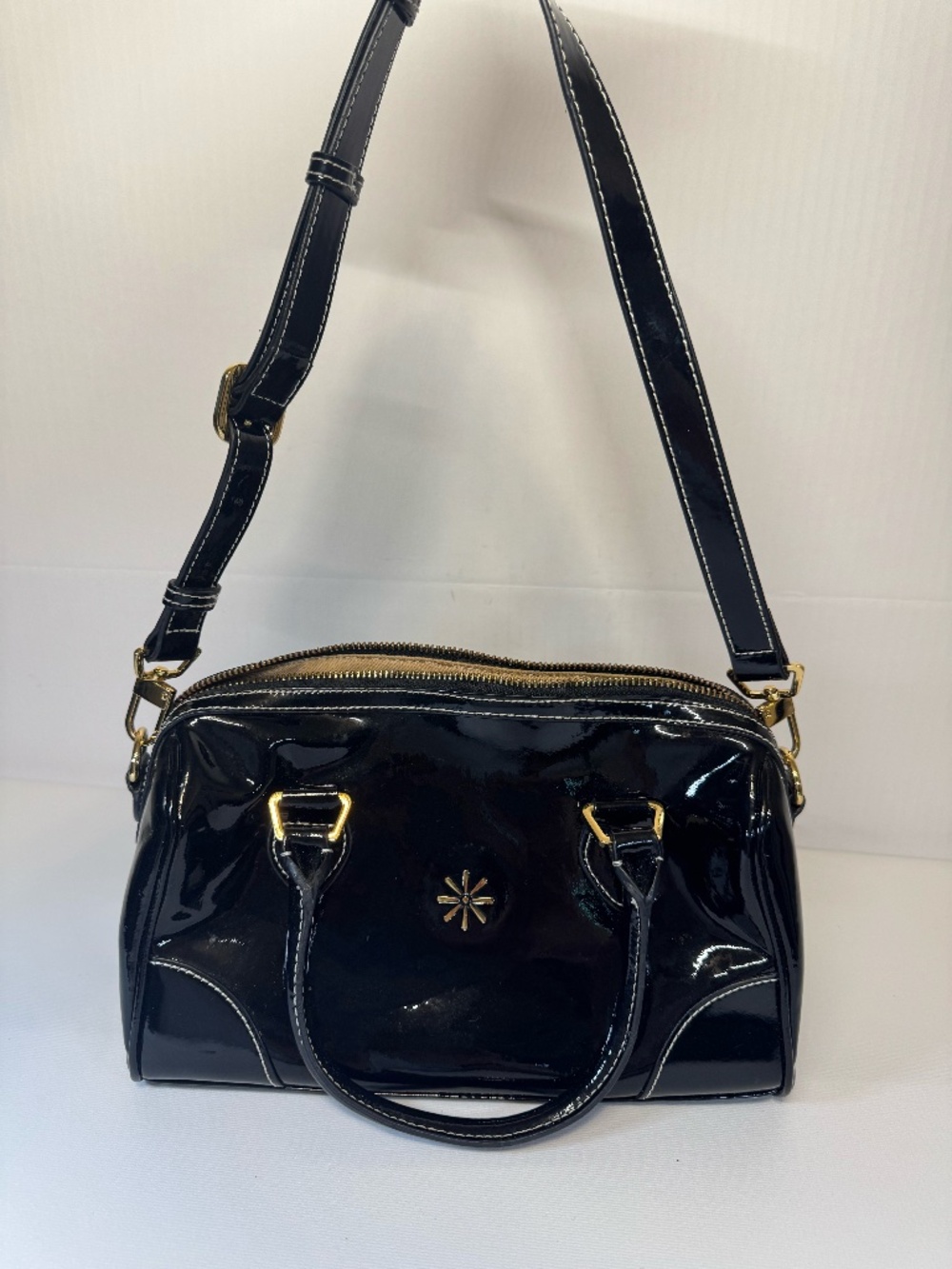 Isaac Mizrahi Black Patent Satchel Crossbody Bag Gold Hardware Convertible Purse